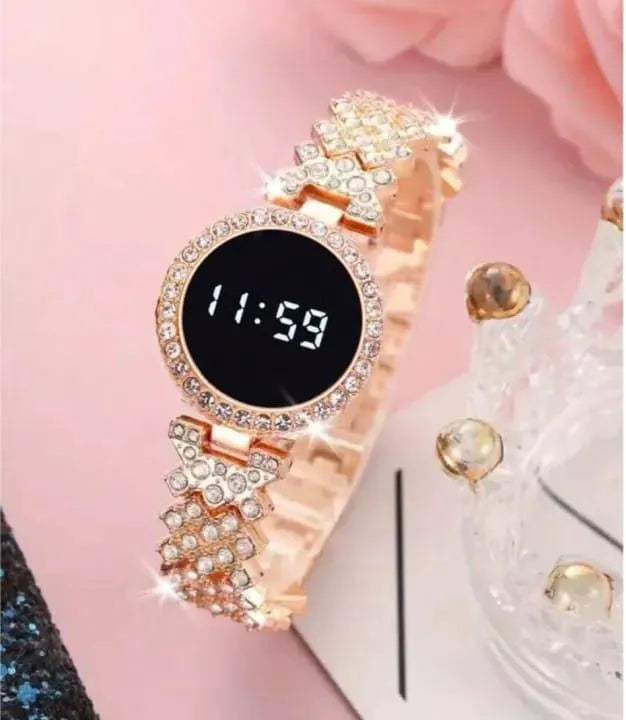 Sleek Women’s Round-Face Chain-Strap Touch Digital Watch