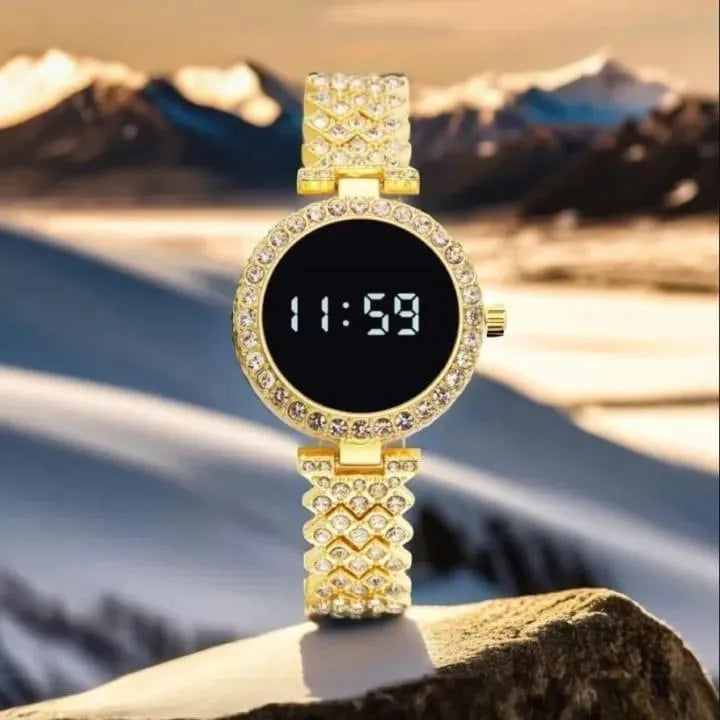 Sleek Women’s Round-Face Chain-Strap Touch Digital Watch