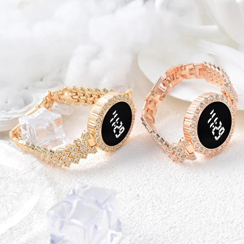 Sleek Women’s Round-Face Chain-Strap Touch Digital Watch