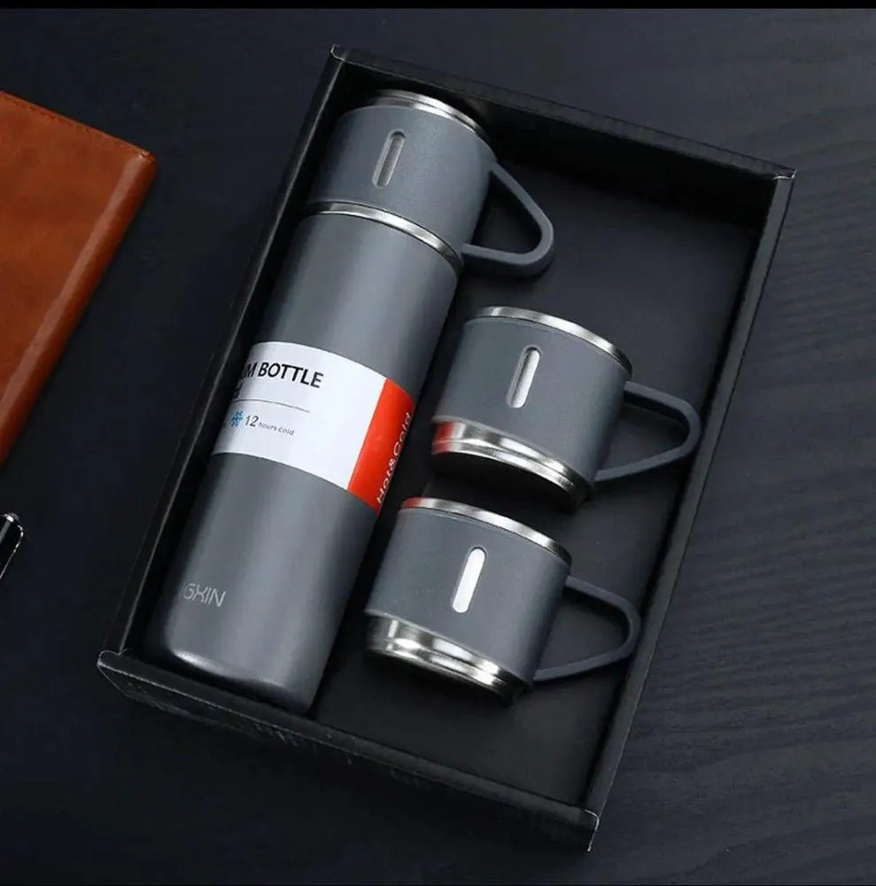 Premium Vacuum Flask & Dual Cup Gift Set – Hot & Cold Stainless Steel Bottle